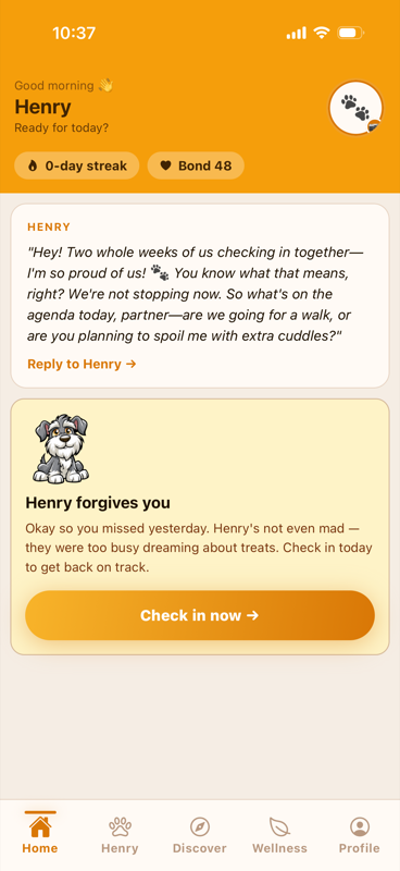 Wanchan home screen — Henry the dog greeting his owner